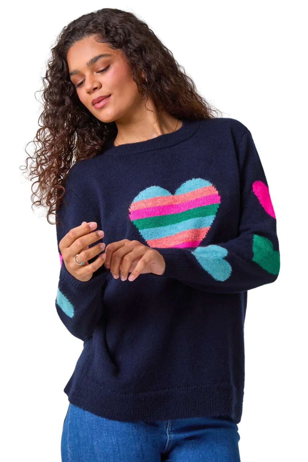 Roman Midnight Blue Multi Heart Detail Longline Jumper - Size 18 Image 1