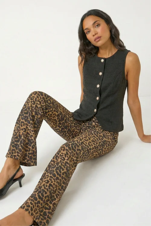 Roman Natural Animal Print Flare Stretch Trouser - 12 Image 2
