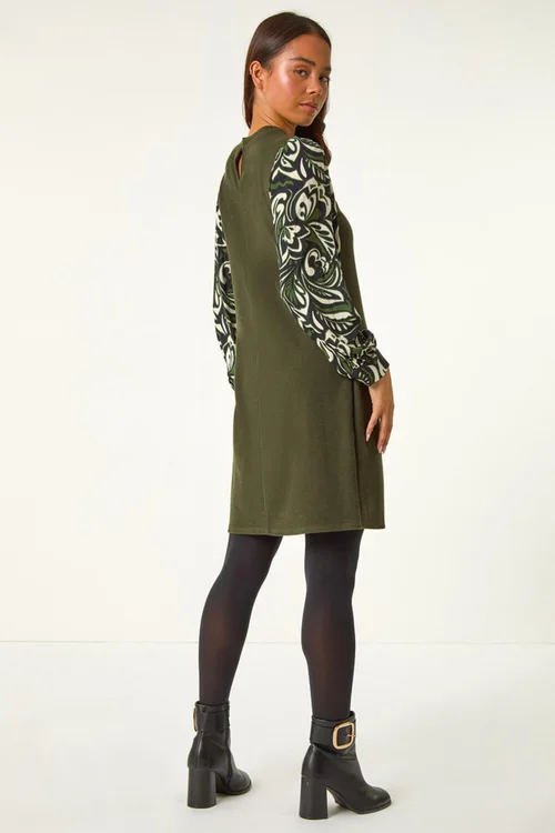 Roman Khaki Petite 2 in 1 Contrast Print Shift Dress - 12 Image 4