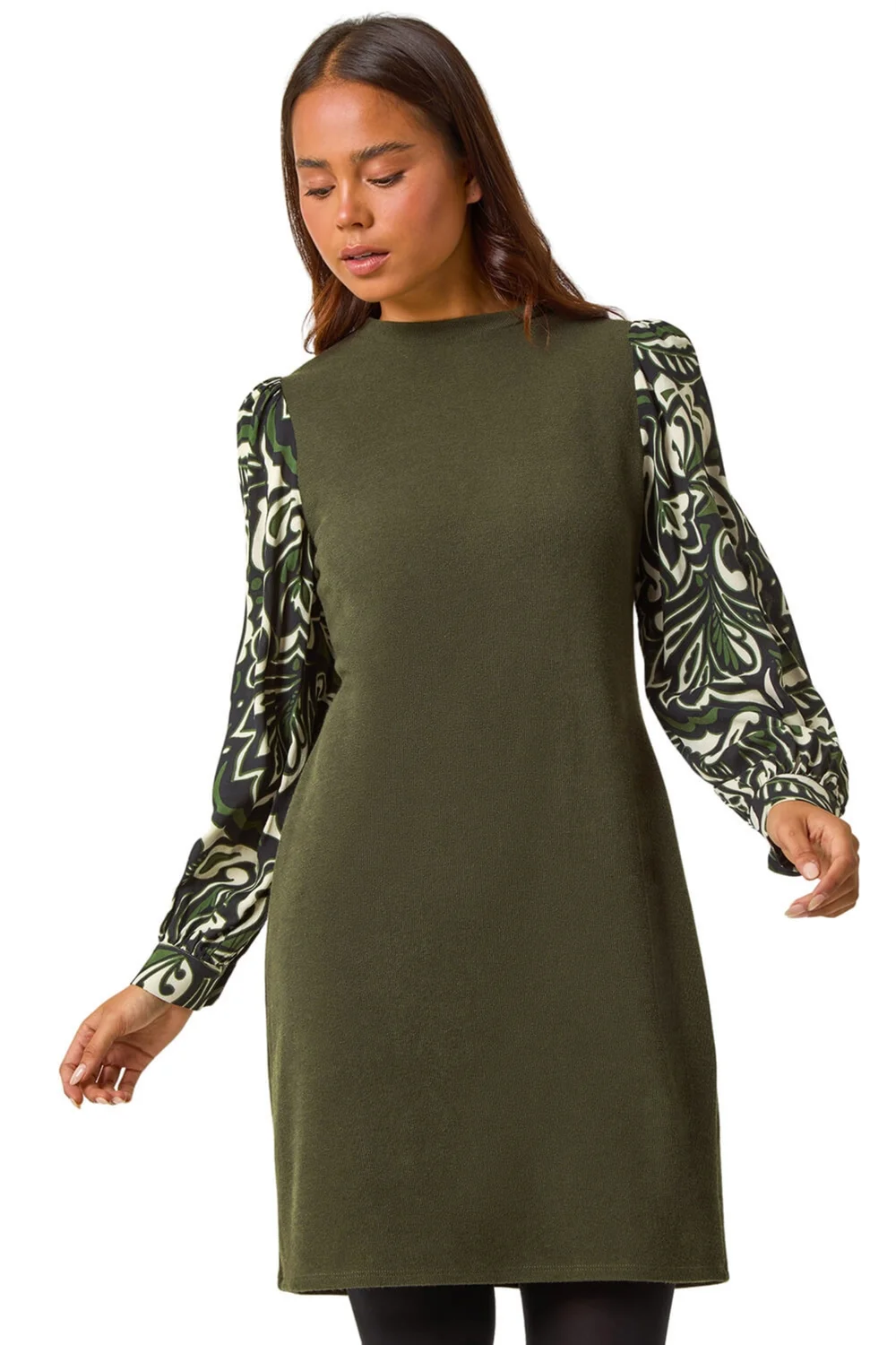 Roman Khaki Petite 2 in 1 Contrast Print Shift Dress - 12 Image 1