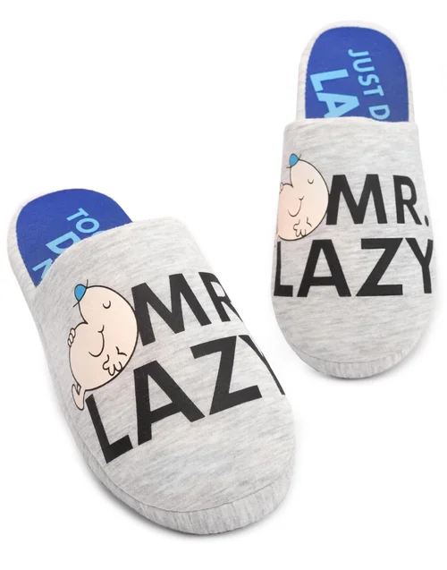 Mr. Men Grey Mr Lazy Mule Slippers - Size 11-12 Image 1