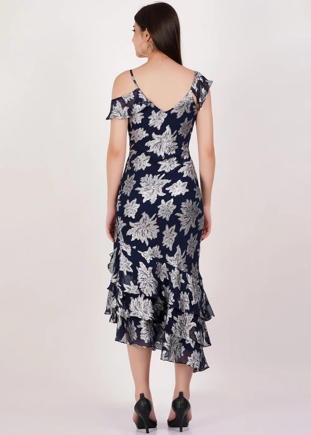 Gini London Navy Floral Clipped Tiered Ruffle Midi Dress - 8 Image 2