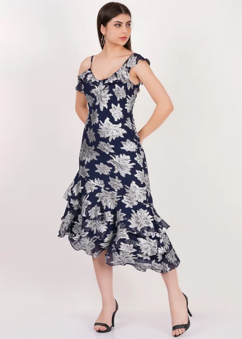 Gini London Navy Floral Clipped Tiered Ruffle Midi Dress - 8 Image 4
