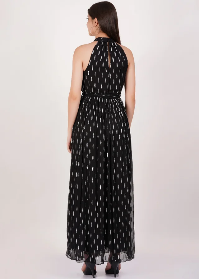Gini London Black Jacquard Halter Neck Maxi Dress