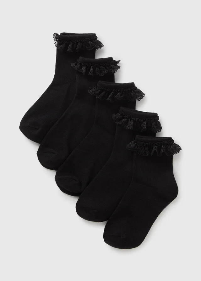 5 Pack Girls Black Frill Lace Socks (Younger 6-Older 6.5)