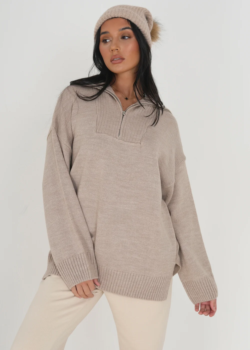 Brave Soul Stone Oversized 1/2 Zip Knitted Jumper - S Image 3