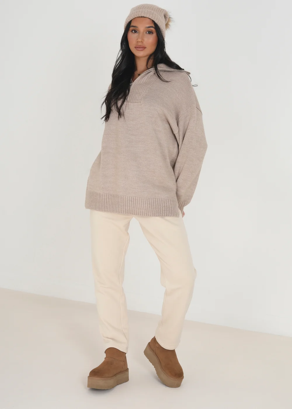 Brave Soul Stone Oversized 1/2 Zip Knitted Jumper - S Image 4