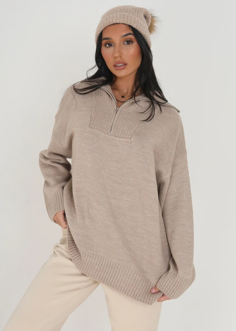 Brave Soul Stone Oversized 1/2 Zip Knitted Jumper - Small Image 1