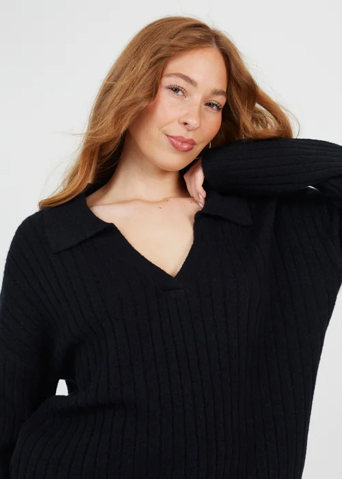 Brave Soul Black Ribbed Trophy Neck Knited Jumper - XL Image 3