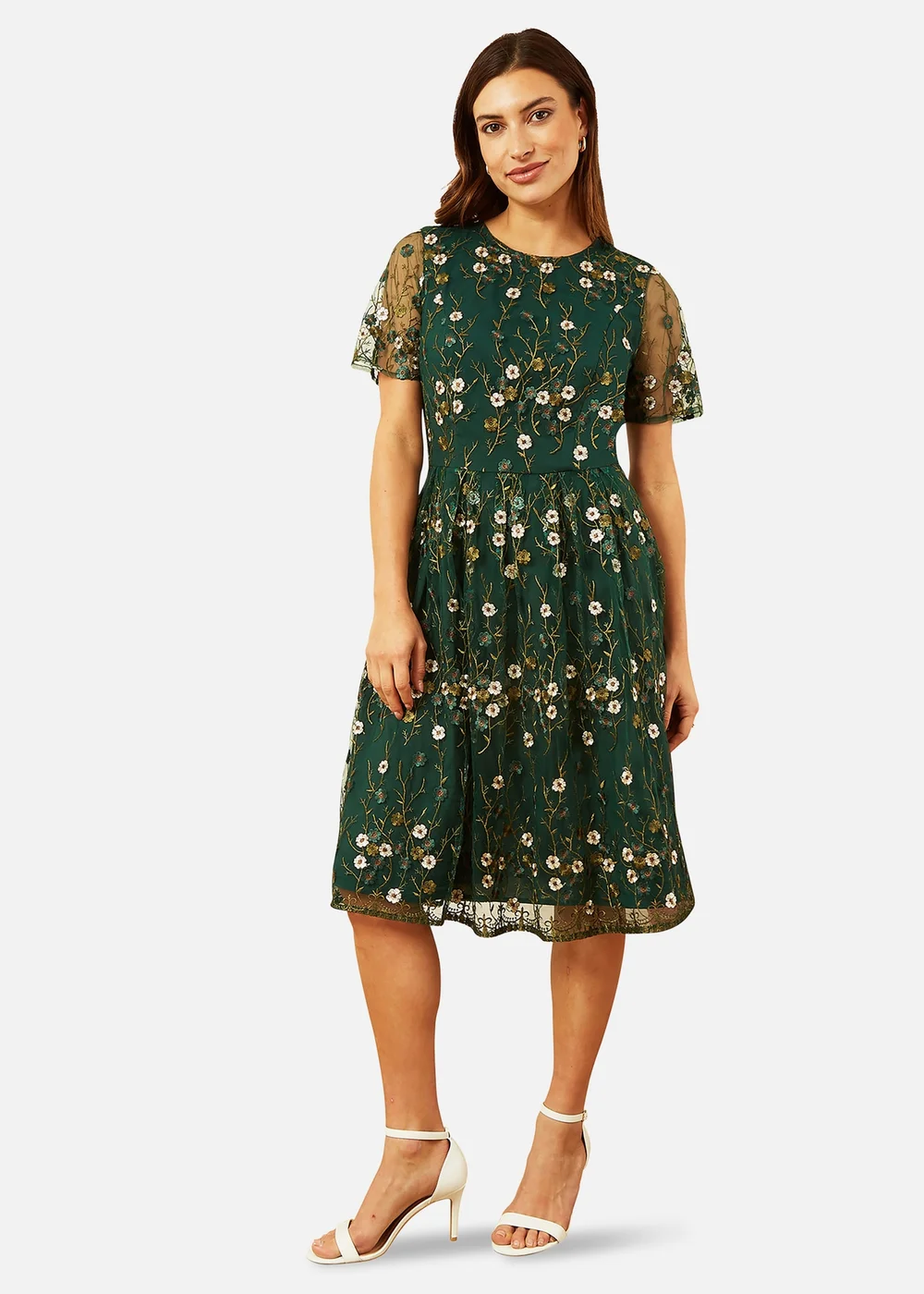 Yumi Green Embroidered Floral Skater Dress - 10 Image 1