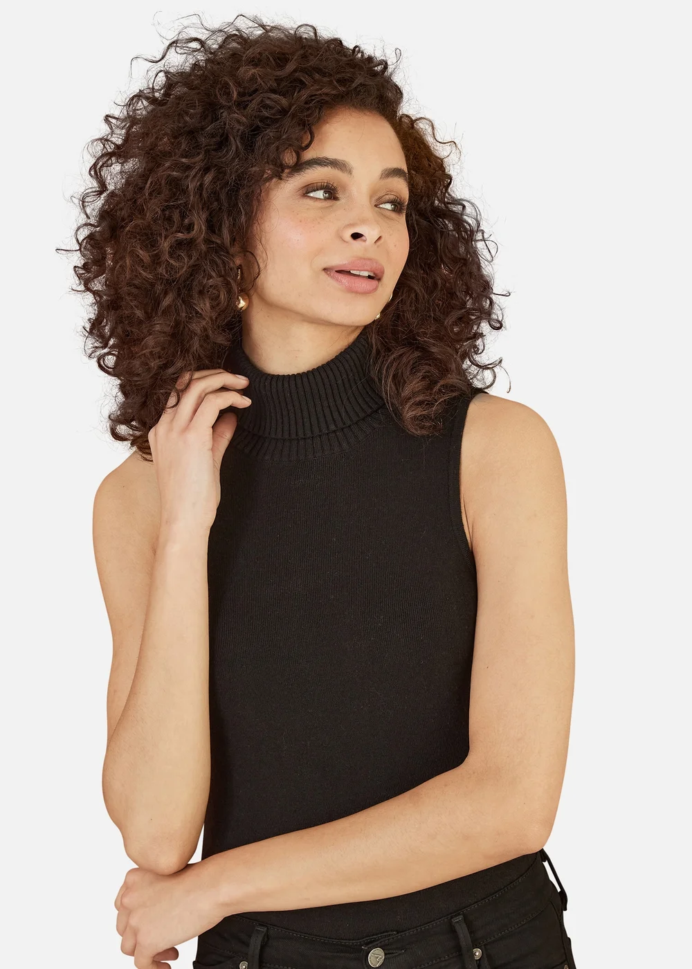 Yumi Black Knitted Roll Neck Sleeveless Jumper - Medium Image 2