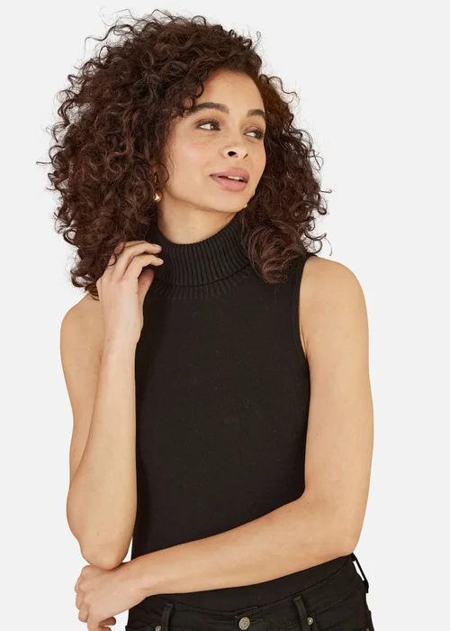 Yumi Black Knitted Roll Neck Sleeveless Jumper - Medium Image 2