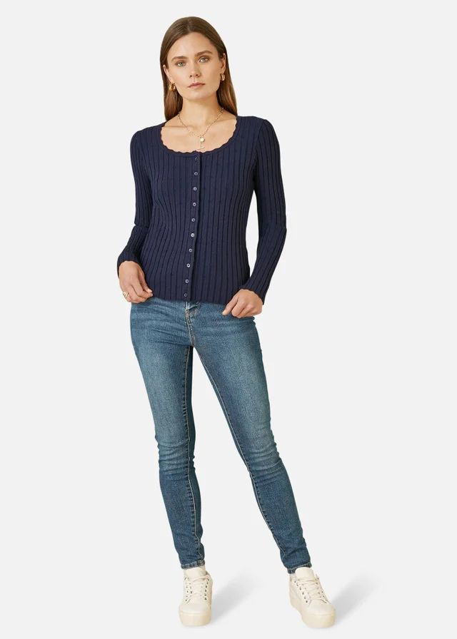 Yumi Navy Fitted Rib Button Up Cardigan