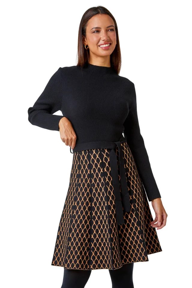 Roman Camel Contrast Skirt Ribbed Jumper Dress