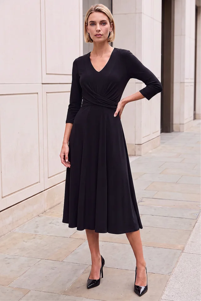 Roman Black Stretch Crossover Midi Dress