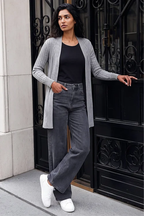 Roman Light Grey Longline Stretch Ribbed Cardigan - 20 Image 3