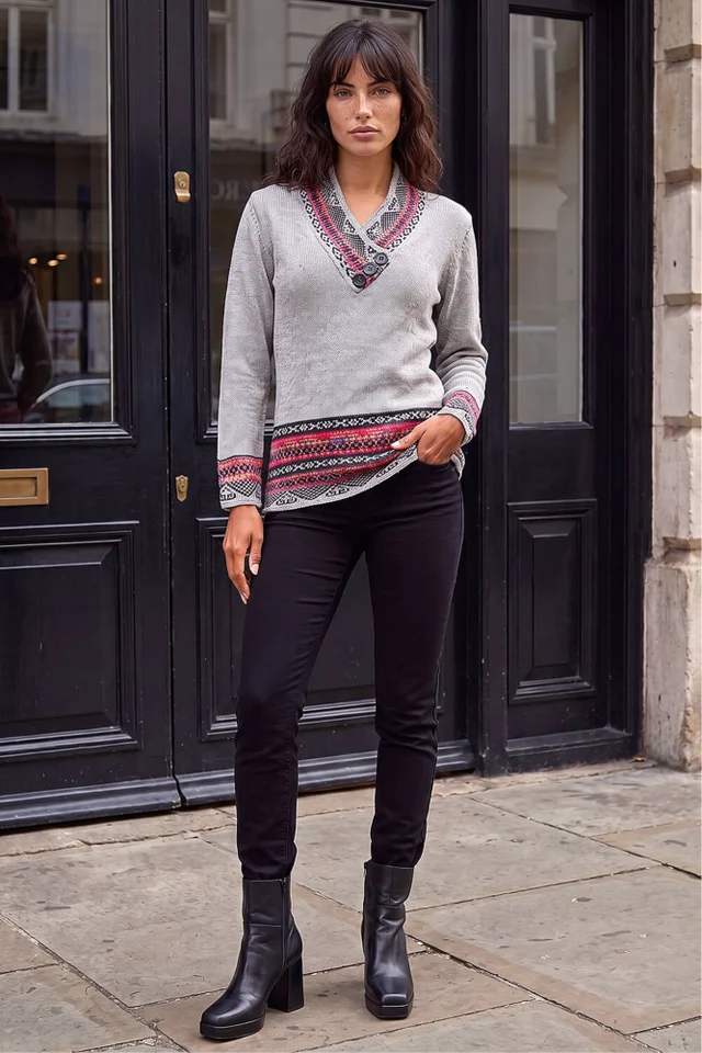 Roman Grey Nordic Print Button Detail V-Neck Jumper