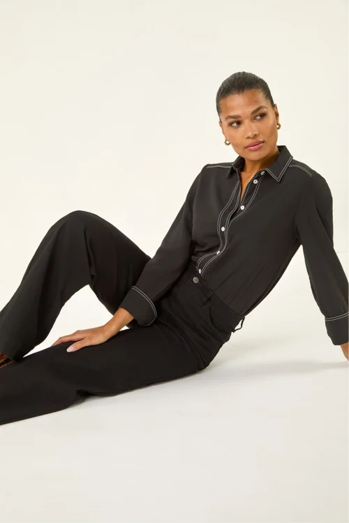 Roman Black Cotton Blend Wide Leg Stretch Jeans - 12 Image 2