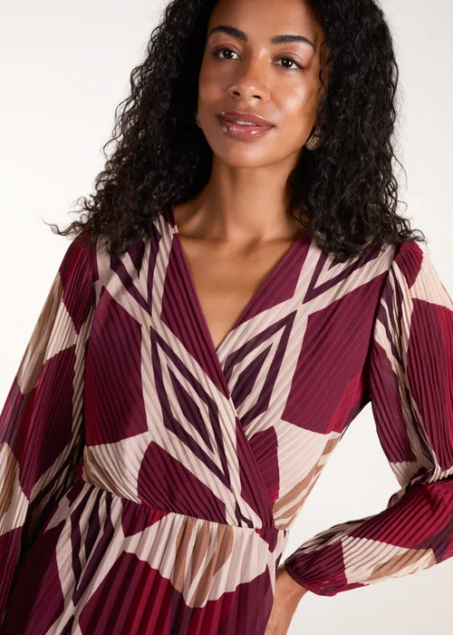 Blue Vanilla Red Wrap Front Pleated Geometric Maxi Dress - M/L Image 3