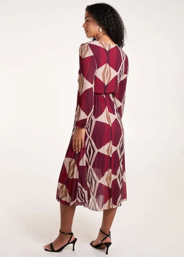 Blue Vanilla Red Wrap Front Pleated Geometric Maxi Dress