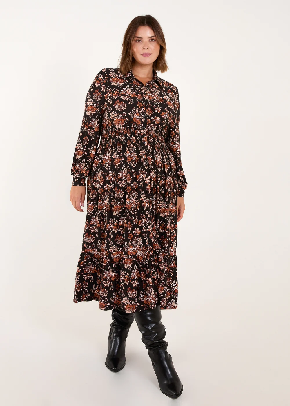 Blue Vanilla Brown Curve Shirred Waist Midi Shirt Dress - 26-28 Image 1