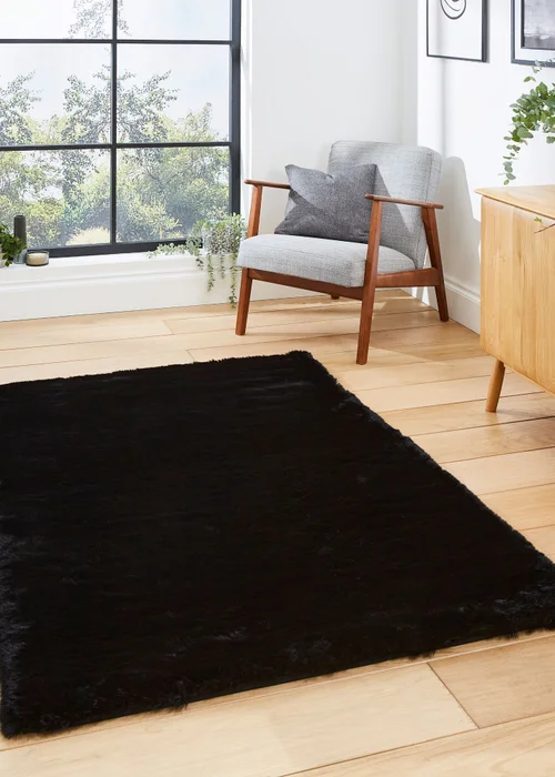 Think Rugs Super Teddy Black Plain Shaggy Rectangle Rug - 60 X 120 Image 1