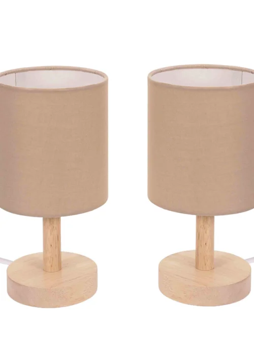 ValueLights Pair Oak Natural Table Lamp with Natural Drum Shade - One Size Image 3