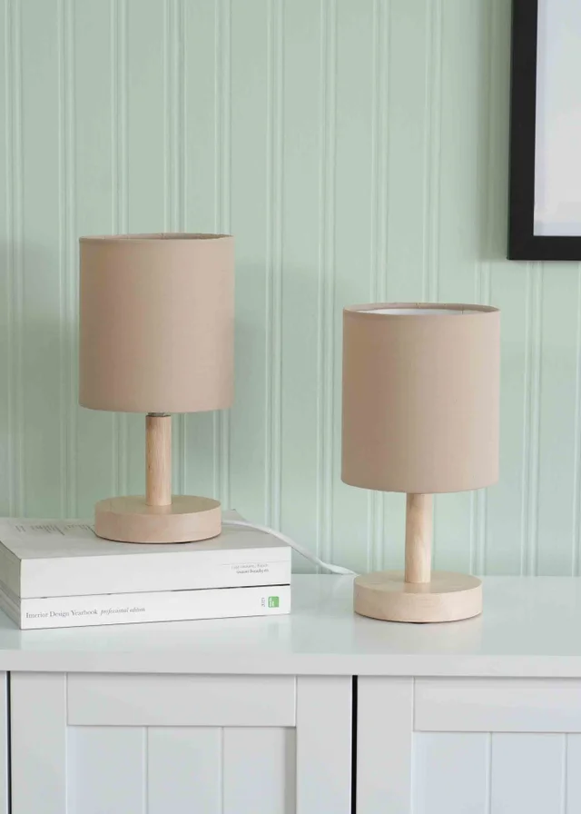 ValueLights Pair Oak Natural Table Lamp with Natural Drum Shade