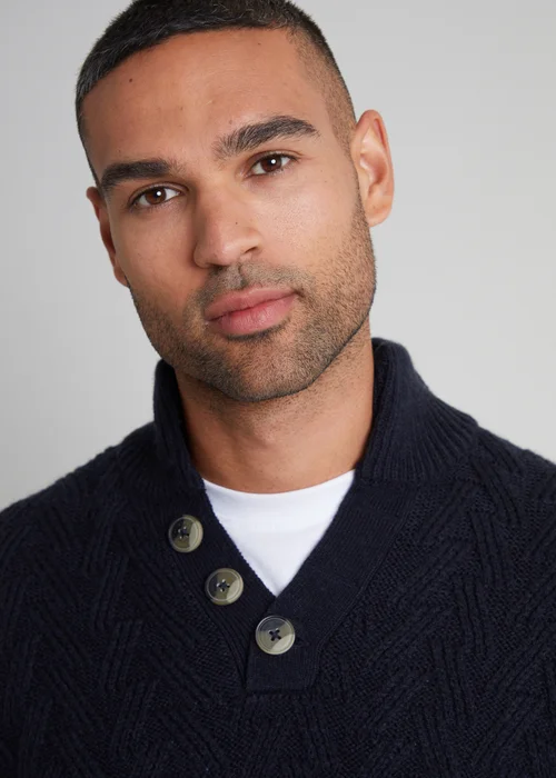 Threadbare Navy Button Up Funnel Neck Jumper - Small Image 3