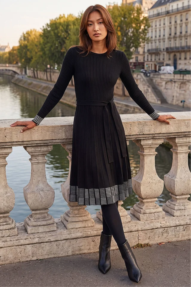 Roman Black Ribbed Stretch Knit Border Print Dress