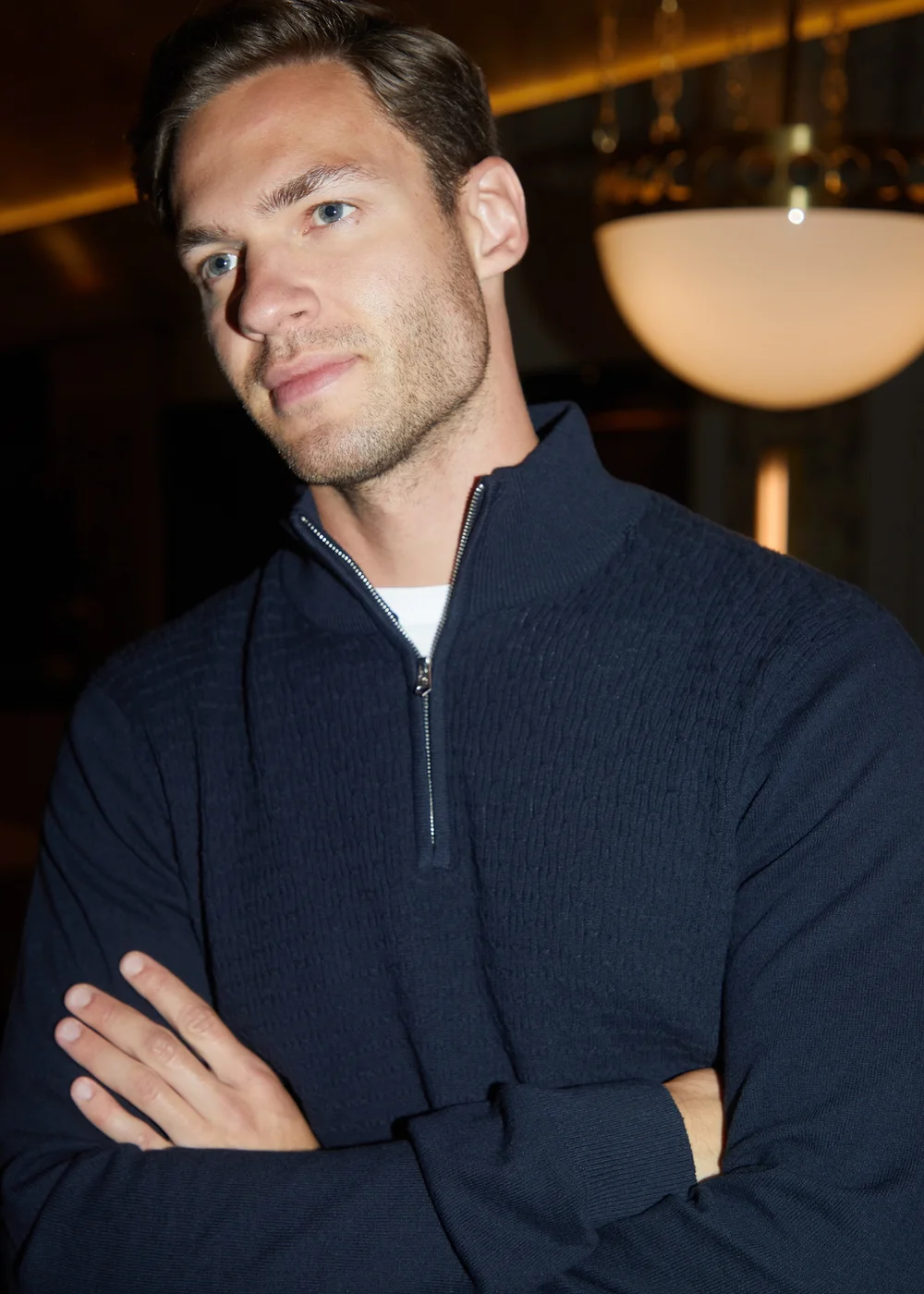 Threadbare Navy Mini Cable Knit Quarter Zip Jumper - L Image 3