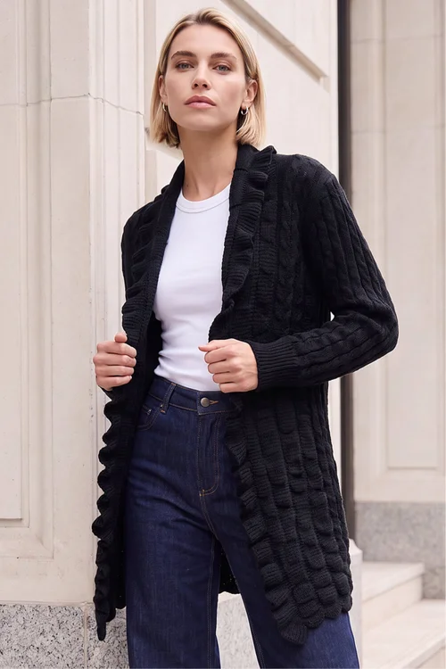 Roman Black Longline Ruffle Detail Cardigan - 12 Image 2