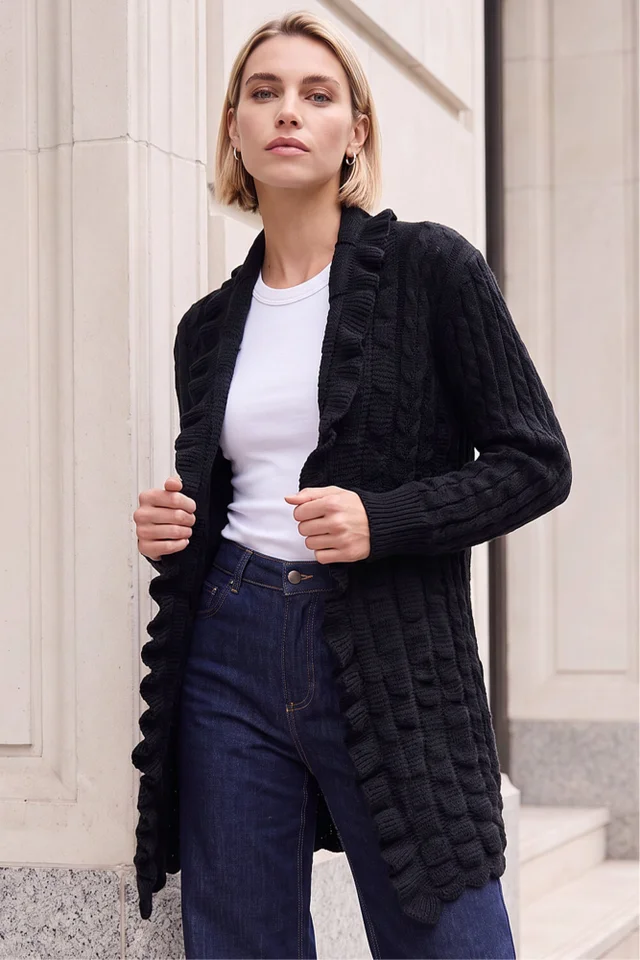 Roman Black Longline Ruffle Detail Cardigan