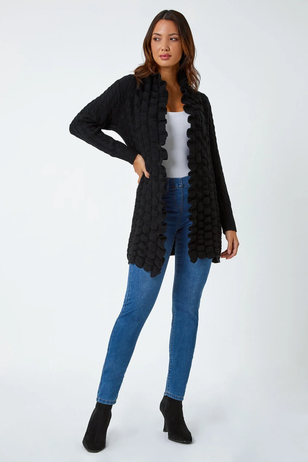 Roman Black Longline Ruffle Detail Cardigan - Size 12 Image 2
