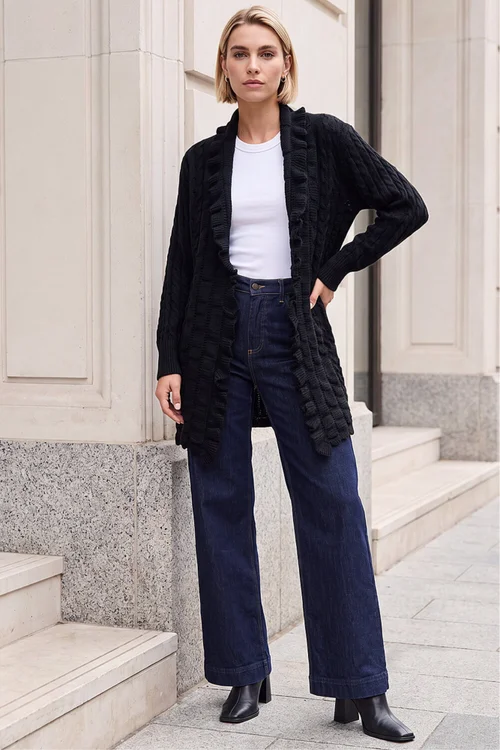Roman Black Longline Ruffle Detail Cardigan - 12 Image 3