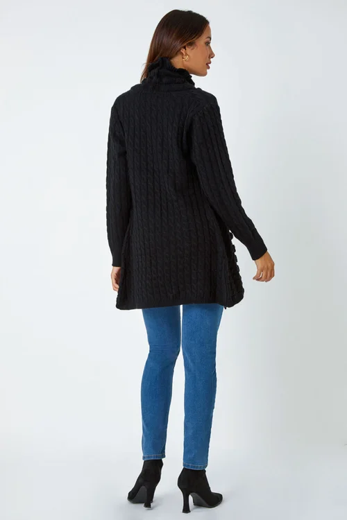 Roman Black Longline Ruffle Detail Cardigan - Size 12 Image 3