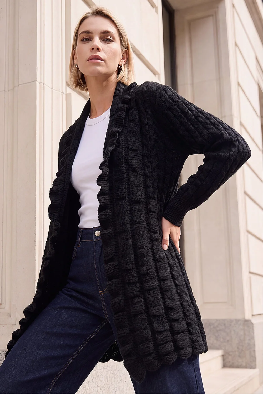 Roman Black Longline Ruffle Detail Cardigan - 12 Image 1