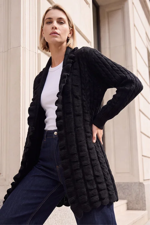 Roman Black Longline Ruffle Detail Cardigan - 12 Image 1