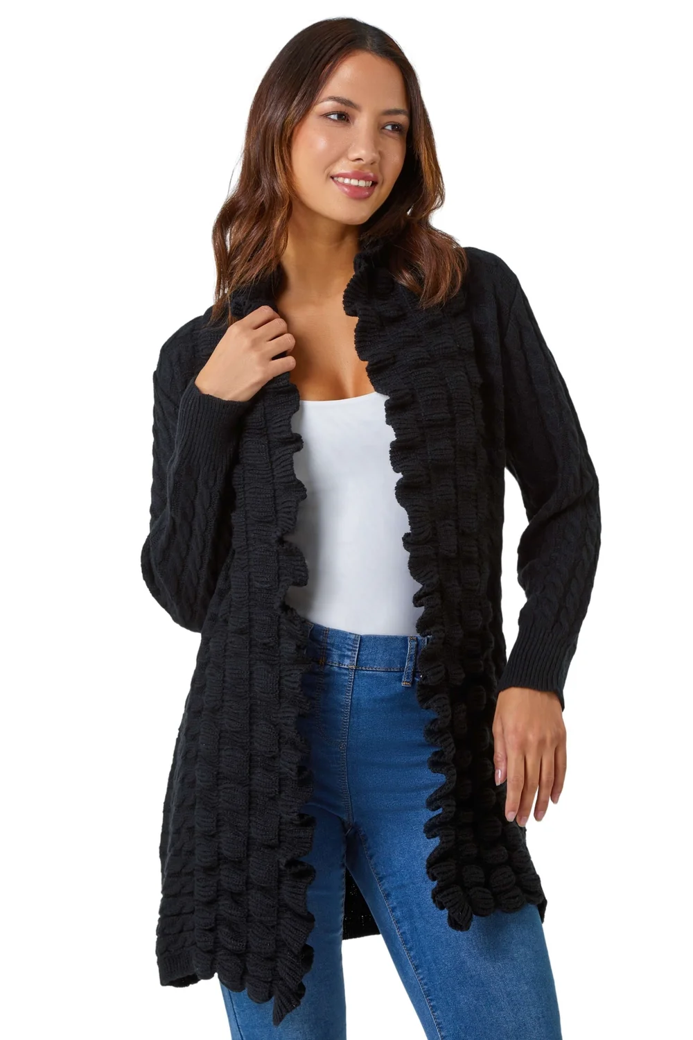 Roman Black Longline Ruffle Detail Cardigan - Size 12 Image 1