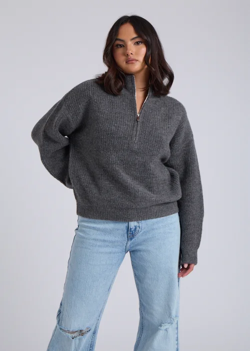 Urban Bliss Grey Ribbed Half Zip Jumper - Small Image 1