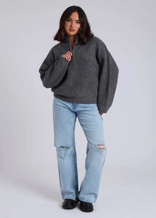 Urban Bliss Grey Ribbed Half Zip Jumper - Small Image 4