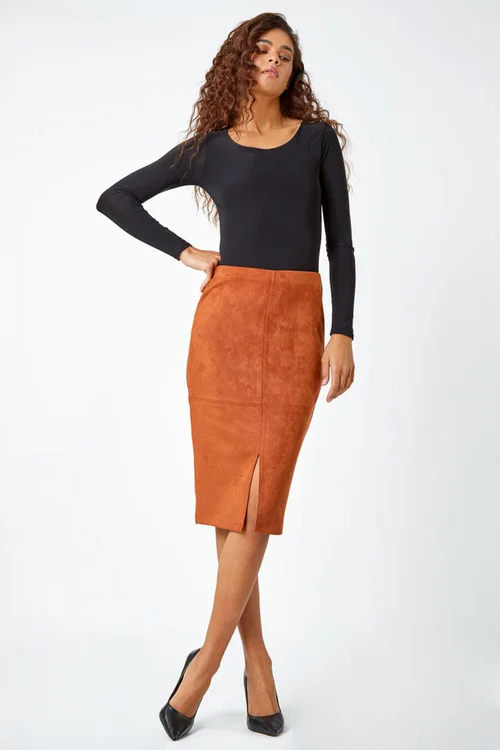 Roman Tan Suedette Pencil Stretch Skirt - Size 12 Image 4