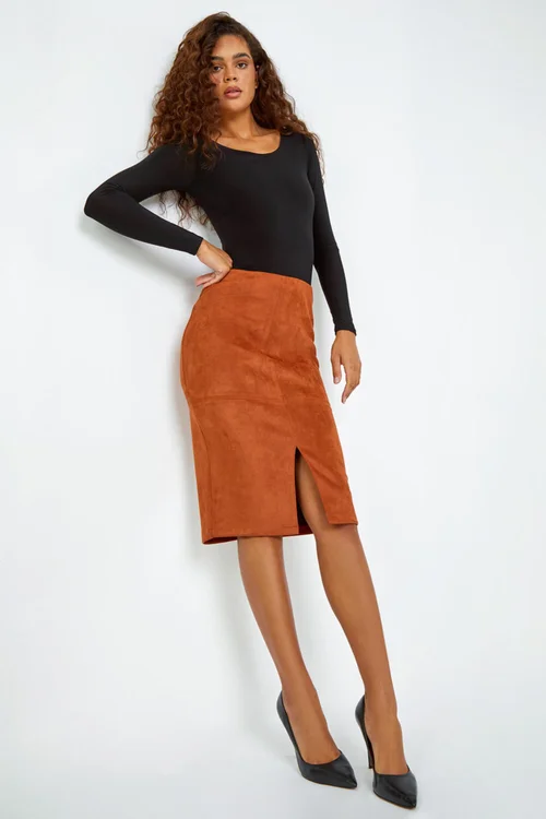 Roman Tan Suedette Pencil Stretch Skirt - Size 12 Image 2