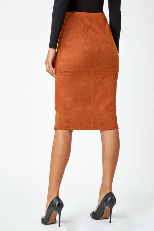 Roman Tan Suedette Pencil Stretch Skirt - Size 12 Image 3