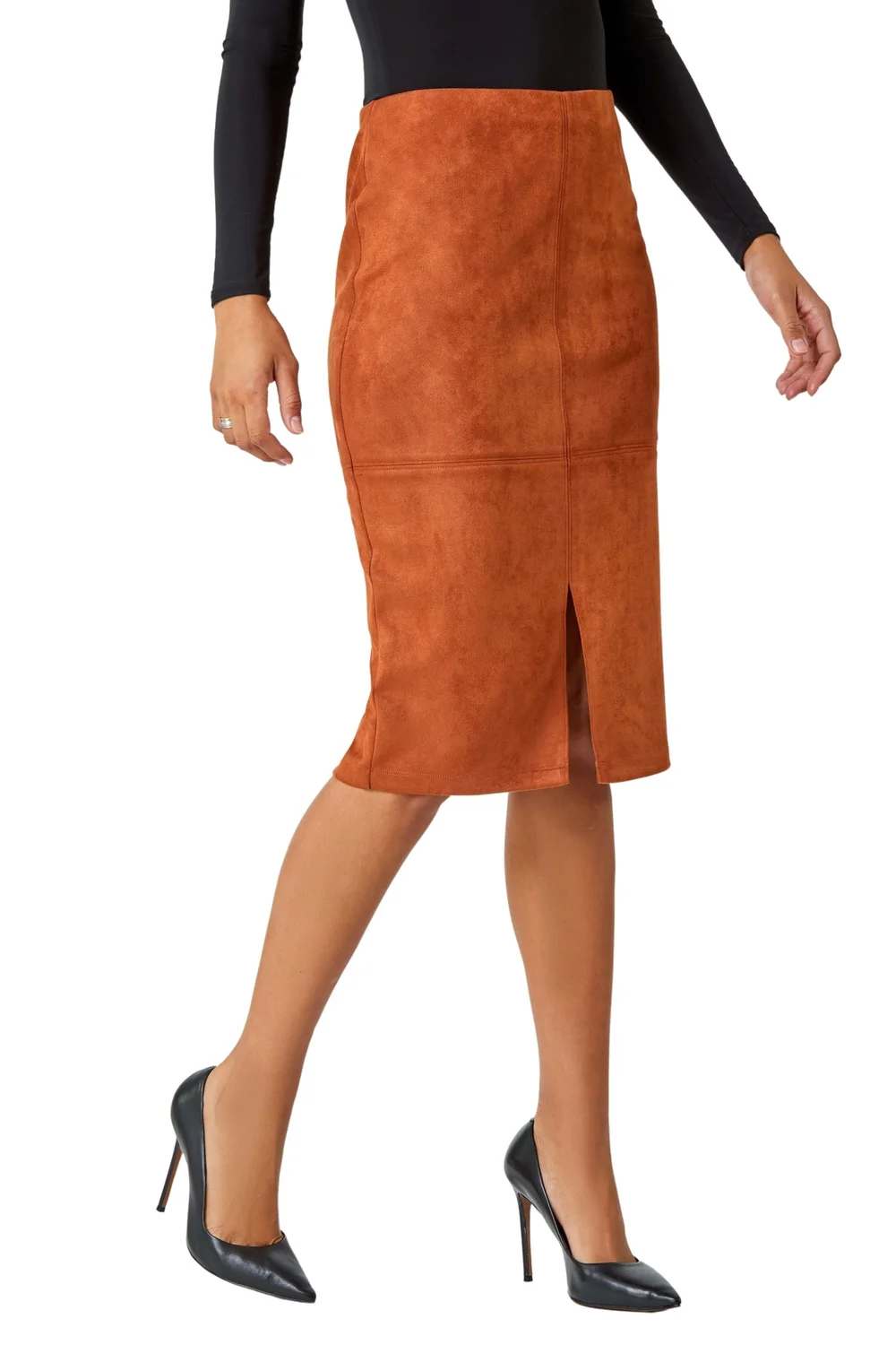 Roman Tan Suedette Pencil Stretch Skirt - Size 12 Image 1