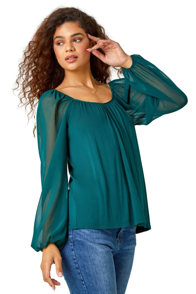 Roman Green Contrast Chiffon Sleeve Stretch Top