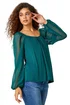 Roman Green Contrast Chiffon Sleeve Stretch Top - Size 16 Image 1