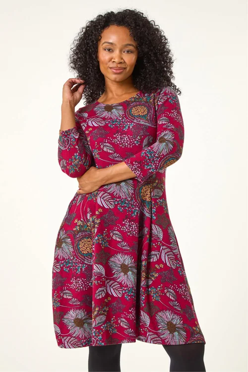 Roman Burgundy Petite Floral Print A-Line Stretch Dress - 18 Image 3