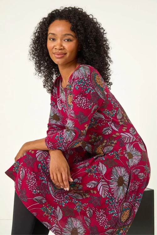 Roman Burgundy Petite Floral Print A-Line Stretch Dress - 18 Image 2