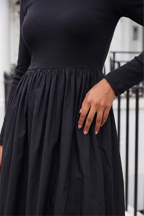 Roman Black Cotton Stretch Jersey Mix Midi Dress - 14 Image 4